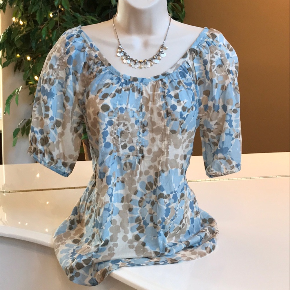 Lucky Brand Blue and Tan Floral Peasant Blouse
